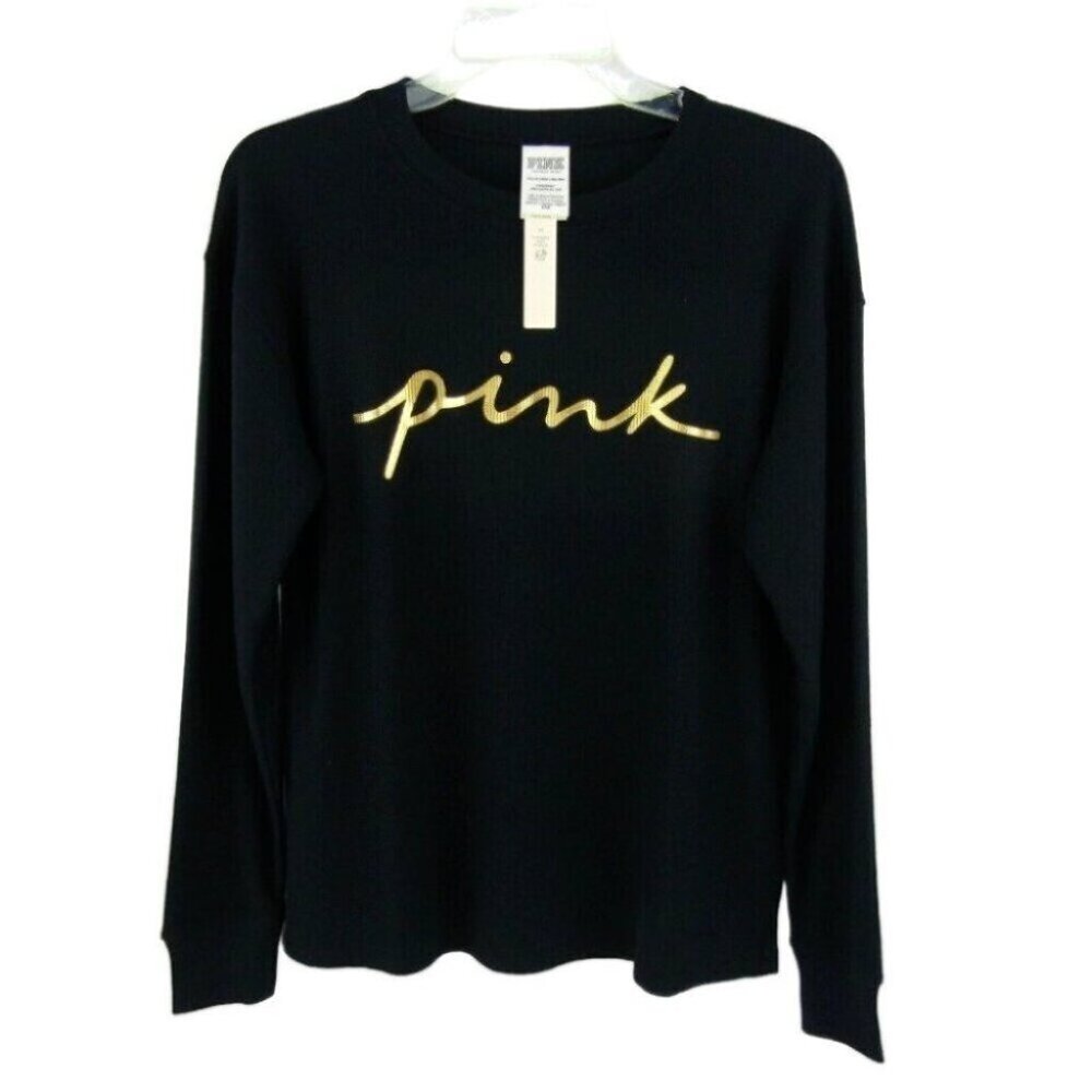 Victorias Secret PINK Black Gold Spellout Thermal Pajama Lounge Top Size XS New